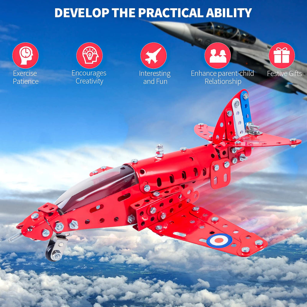 Coskehan 201-Piece Metal Airplane Building Kit for Kids Ages 8+ – STEM Model Plane Toy, Red, 7x9x3 inch