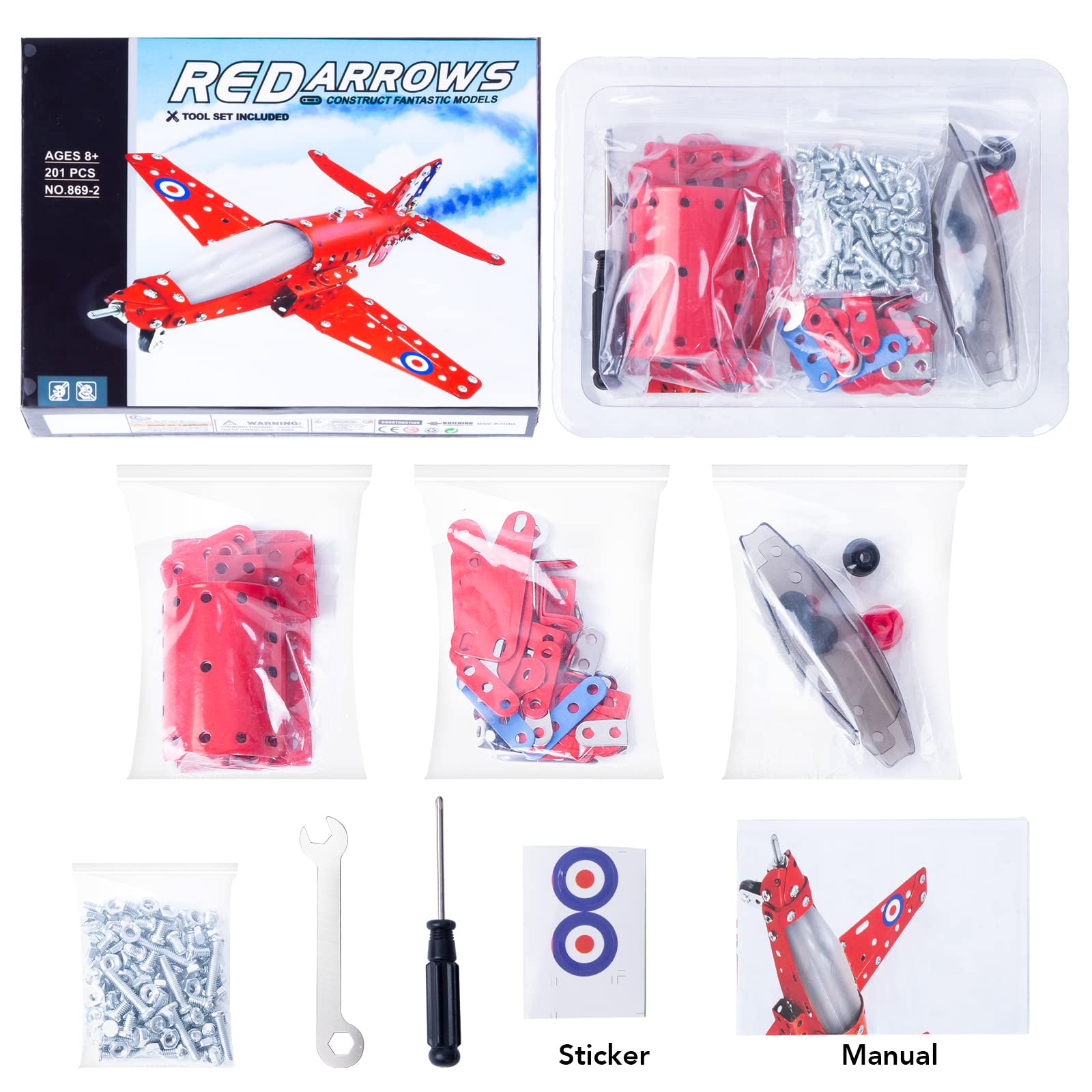 Coskehan 201-Piece Metal Airplane Building Kit for Kids Ages 8+ – STEM Model Plane Toy, Red, 7x9x3 inch