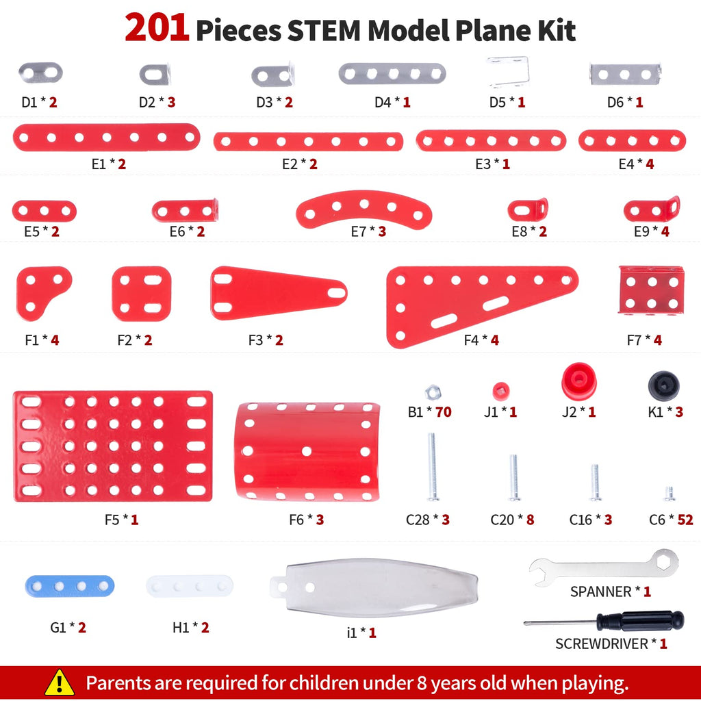 Coskehan 201-Piece Metal Airplane Building Kit for Kids Ages 8+ – STEM Model Plane Toy, Red, 7x9x3 inch