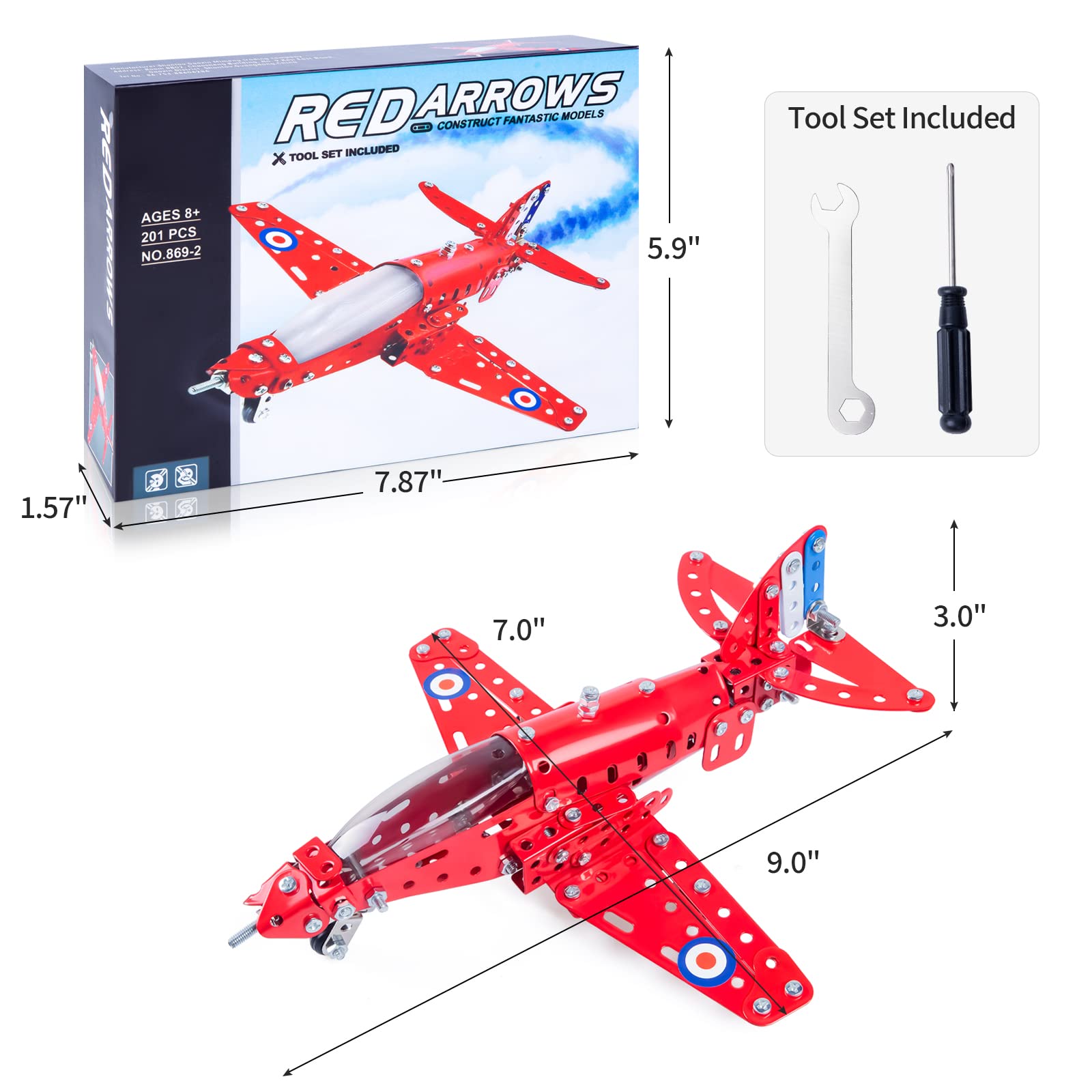 Coskehan 201-Piece Metal Airplane Building Kit for Kids Ages 8+ – STEM Model Plane Toy, Red, 7x9x3 inch