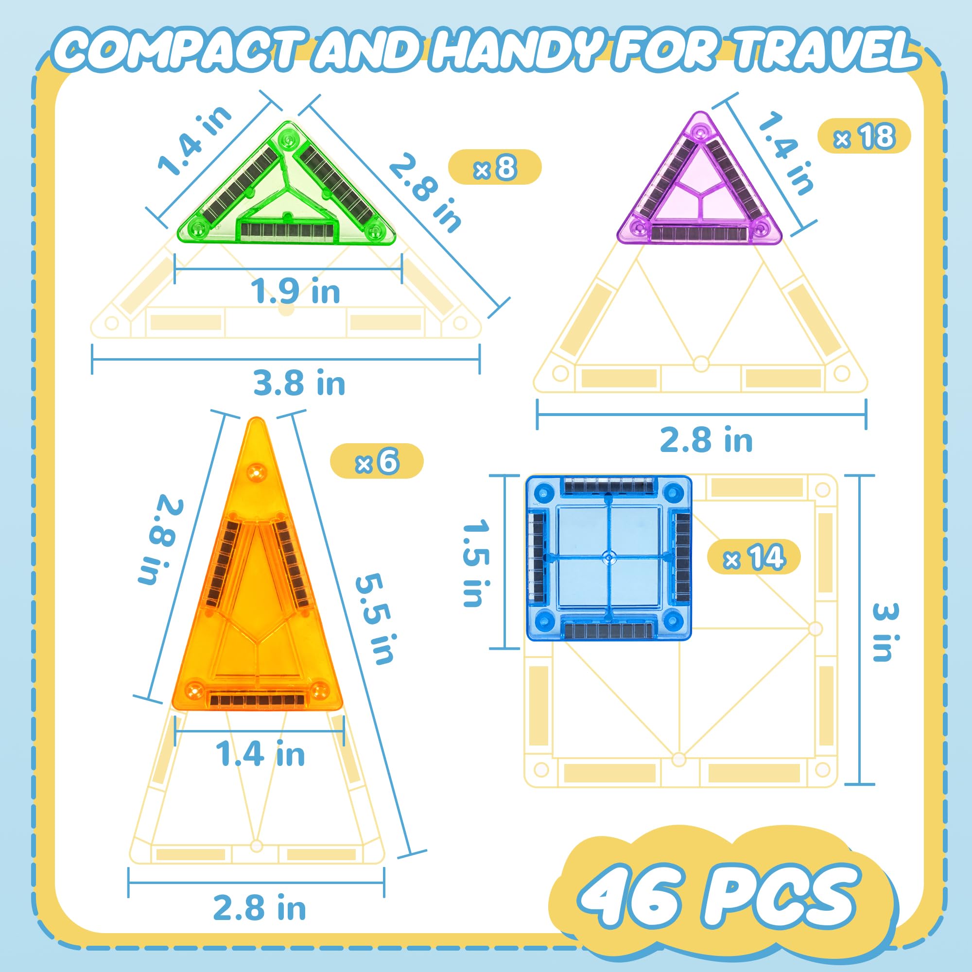 cossy Mini Magnetic Tiles 46-Piece Set with Iron Box – Travel-Friendly Building Blocks for Kids Ages 4-8