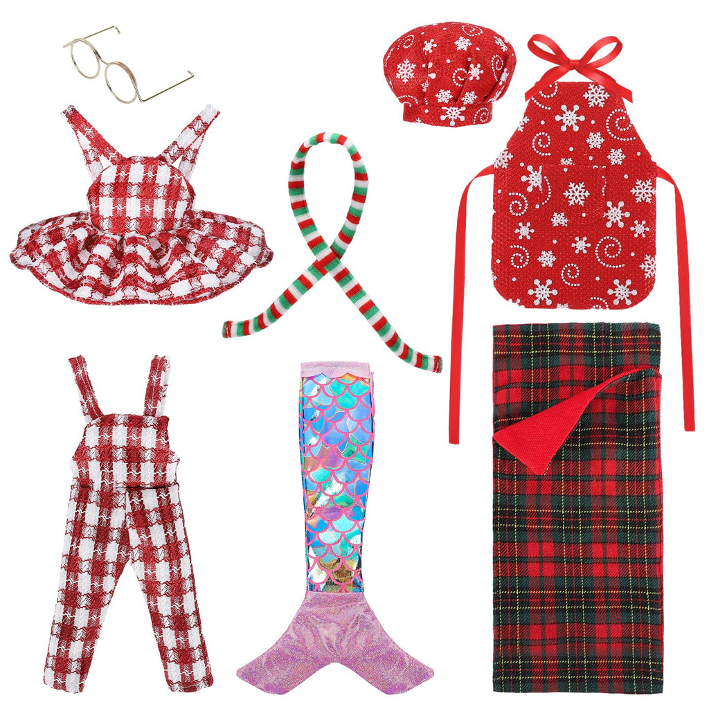 Cosweet Christmas Elf Doll Clothes Set - 8-Piece Outfit with Mermaid Skirt, Sleeping Bag, Chef Hat, Apron, Overalls, Dress, Glasses, Scarf