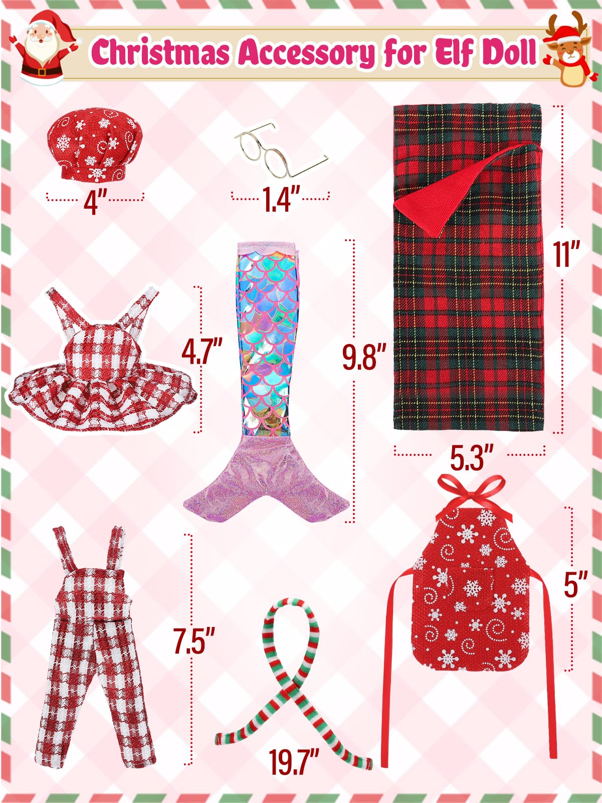 Cosweet Christmas Elf Doll Clothes Set - 8-Piece Outfit with Mermaid Skirt, Sleeping Bag, Chef Hat, Apron, Overalls, Dress, Glasses, Scarf