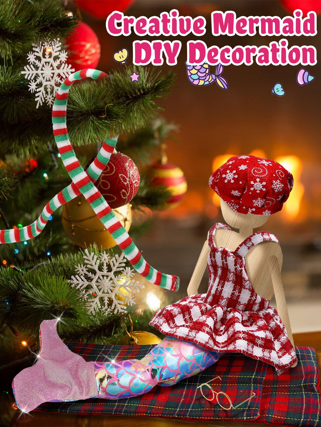 Cosweet Christmas Elf Doll Clothes Set - 8-Piece Outfit with Mermaid Skirt, Sleeping Bag, Chef Hat, Apron, Overalls, Dress, Glasses, Scarf