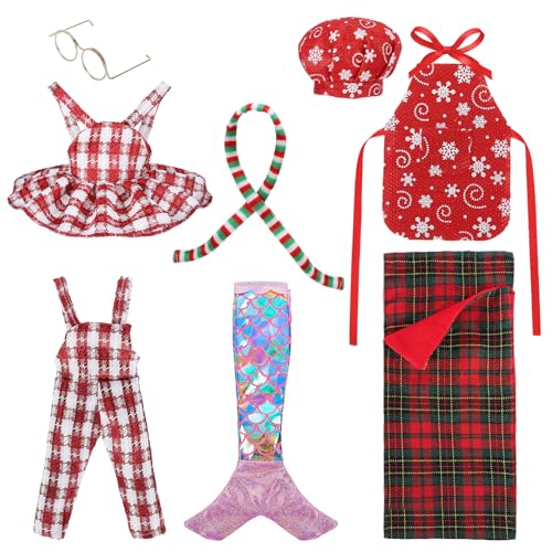 Cosweet Christmas Elf Doll Clothes Set - 8-Piece Outfit with Mermaid Skirt, Sleeping Bag, Chef Hat, Apron, Overalls, Dress, Glasses, Scarf