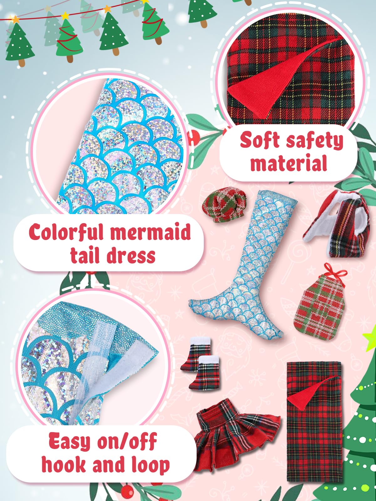 Cosweet Elf Doll Mermaid Chef Outfit Set - Includes Sleeping Bag, Apron, Skirt, Top, Shoes, Blue Mermaid Skirt - Christmas Decor Gift (Doll Not Included)