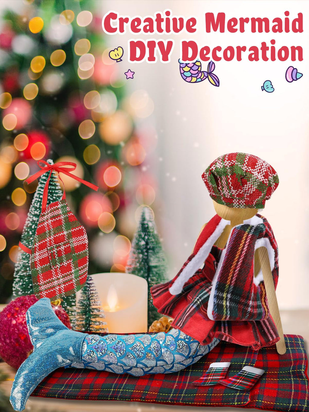 Cosweet Elf Doll Mermaid Chef Outfit Set - Includes Sleeping Bag, Apron, Skirt, Top, Shoes, Blue Mermaid Skirt - Christmas Decor Gift (Doll Not Included)