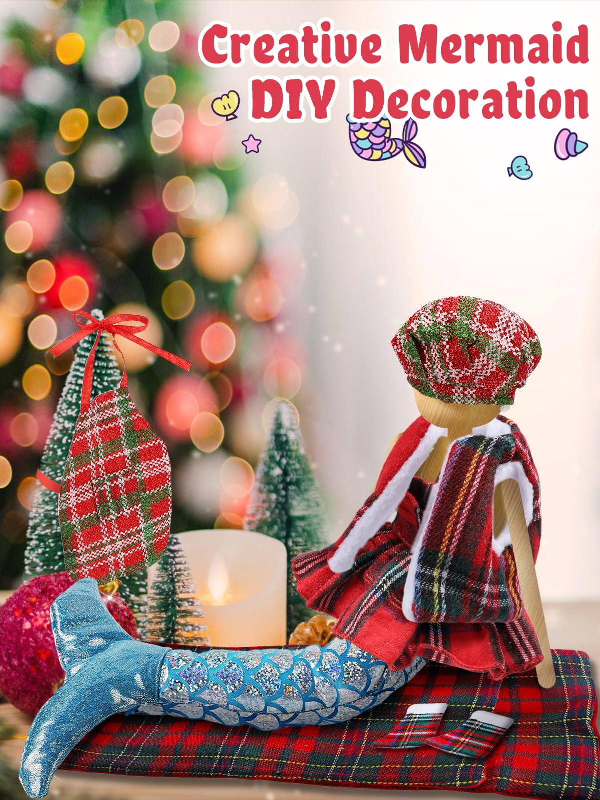 Cosweet Elf Doll Mermaid Chef Outfit Set - Includes Sleeping Bag, Apron, Skirt, Top, Shoes, Blue Mermaid Skirt - Christmas Decor Gift (Doll Not Included)