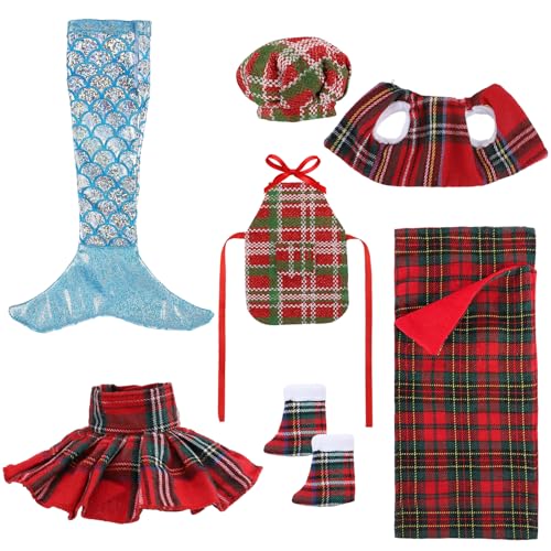 Cosweet Elf Doll Mermaid Chef Outfit Set - Includes Sleeping Bag, Apron, Skirt, Top, Shoes, Blue Mermaid Skirt - Christmas Decor Gift (Doll Not Included)