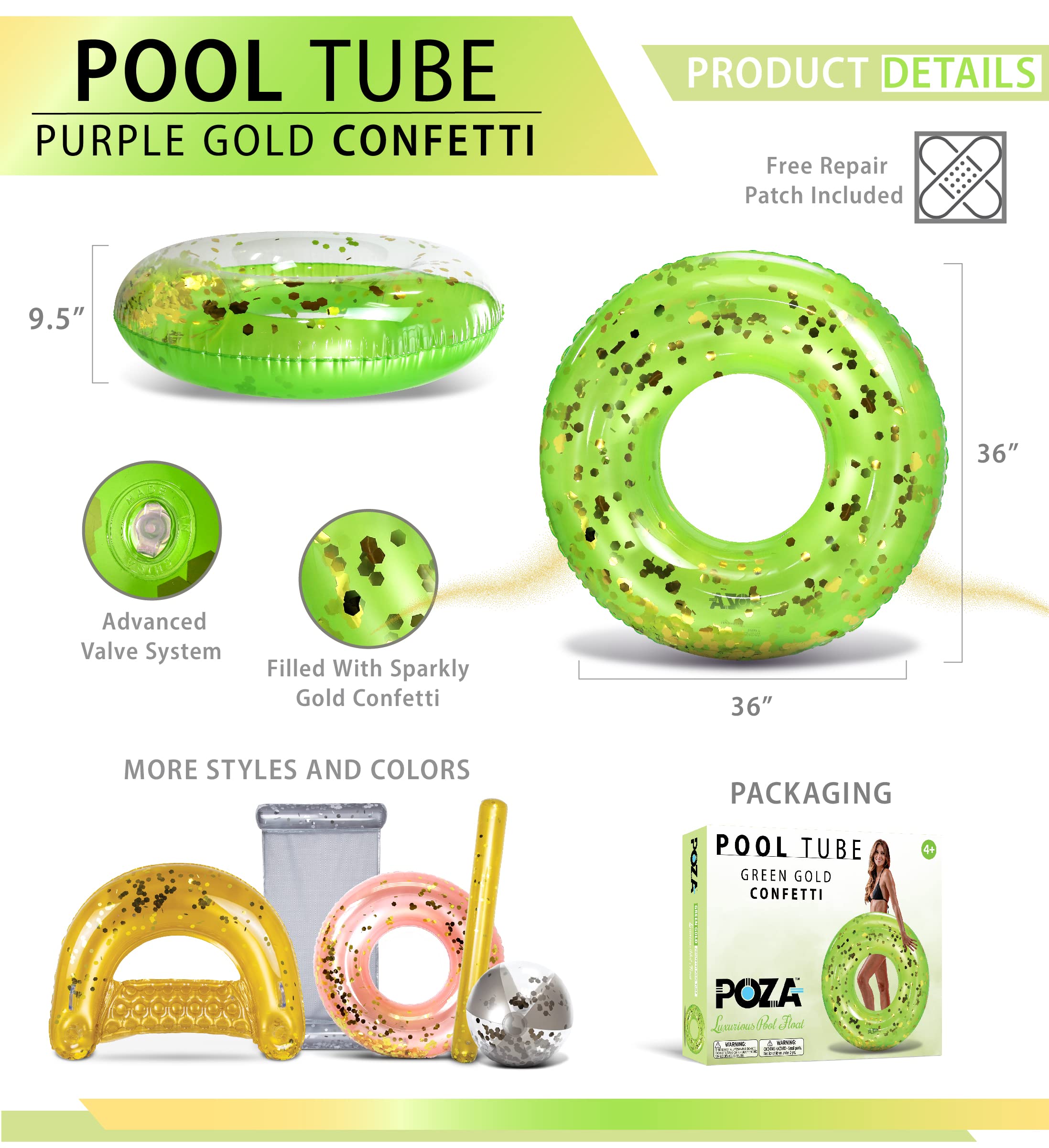 CoTa Global Green Inflatable Pool Ring with Gold Confetti – 36-Inch Heavy Duty PVC Swim Tube for Kids and Adults