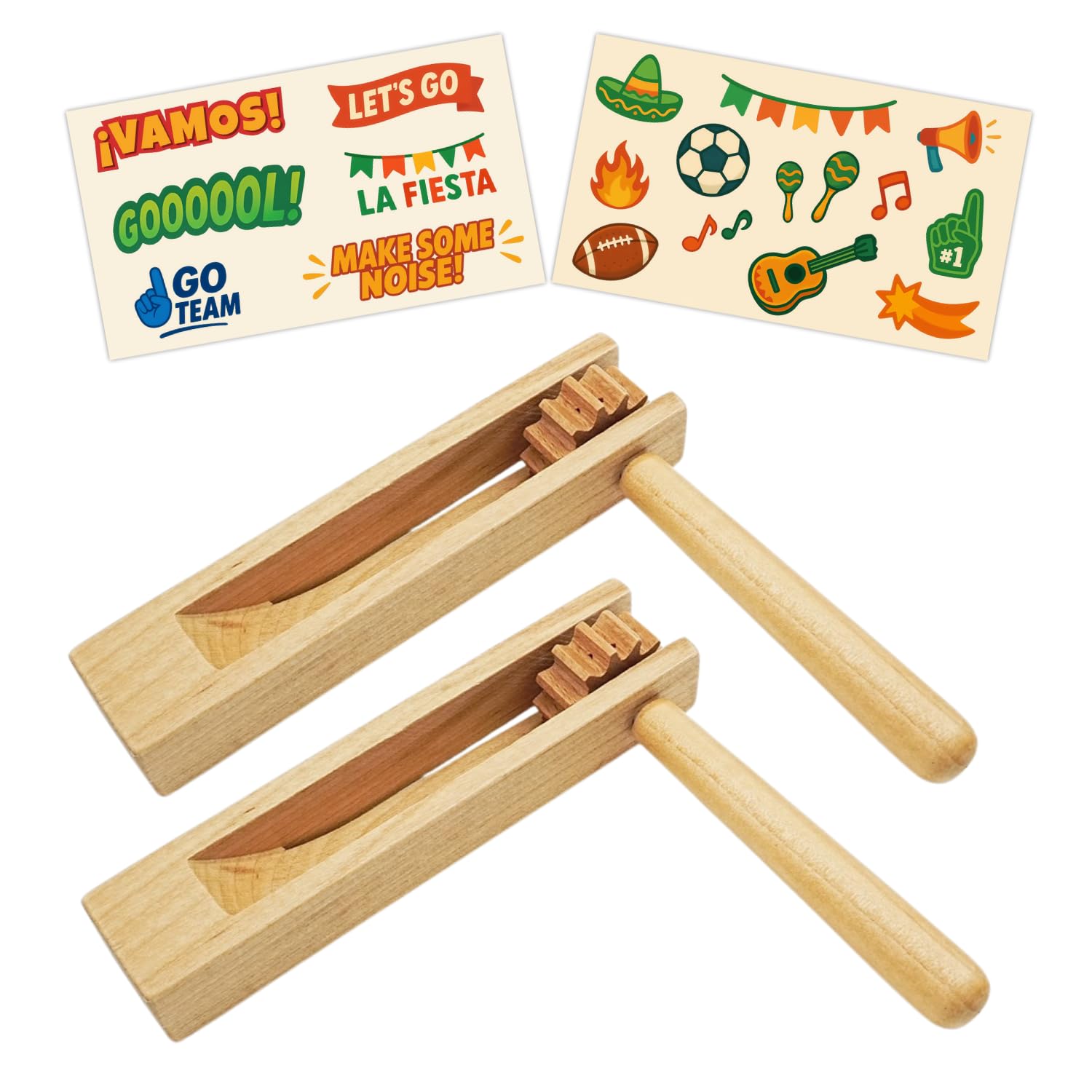 Cotinna Wooden Matracas Mexicanas 2-Pack – Loud Ratchet Noise Makers with Stickers – 5.4 x 5.7 in
