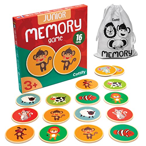 Cottify Wooden Memory Matching Game for Toddlers 2-4 Years - 16 Durable Basswood Cards with Carry Bag