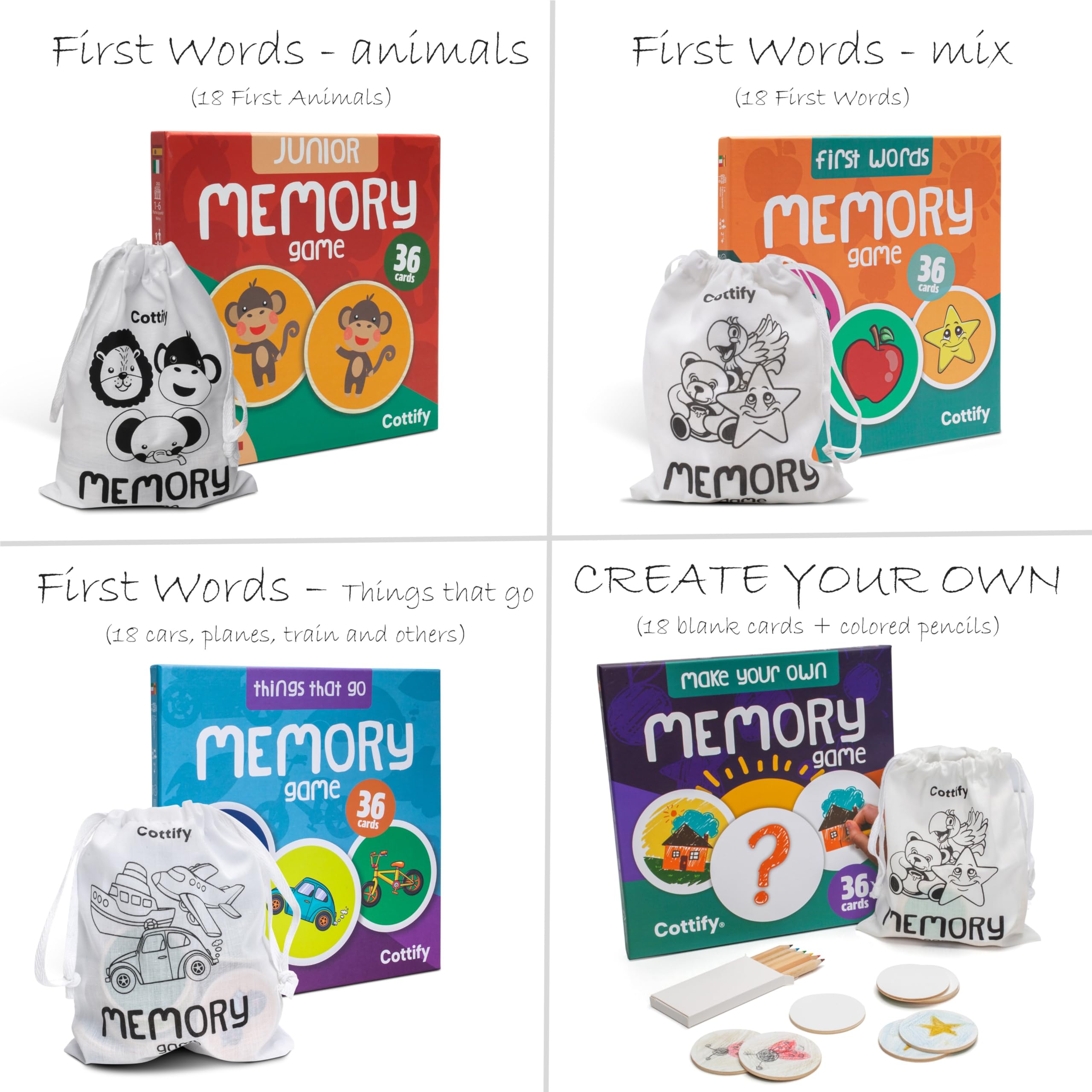 Cottify Wooden Memory Matching Game for Toddlers 2-4 Years - 16 Durable Basswood Cards with Carry Bag