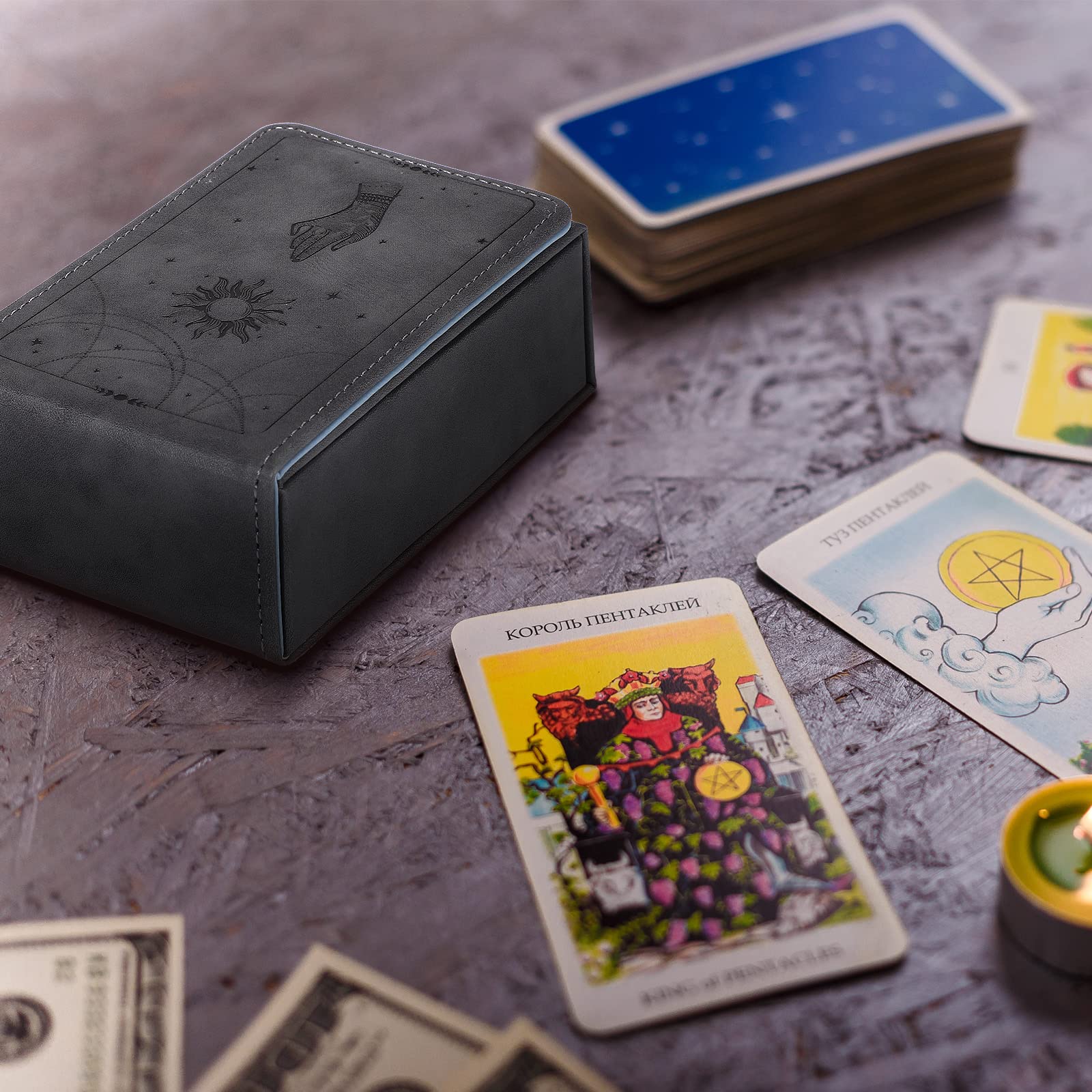 Coume PU Leather Tarot Card Case – Boho Sun & Hand Design, Fits Standard Decks, Magnetic Closure