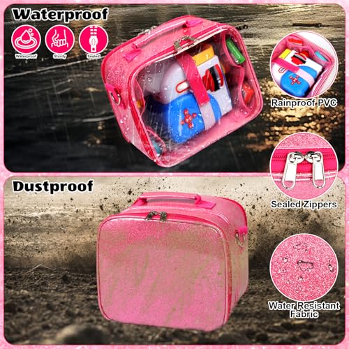 Covkev Carrying Case for Little Tikes Story Dream Machine – Pink Glitter Star Storage Bag, Waterproof PVC, 12 Elastic Straps, Portable (Case Only)