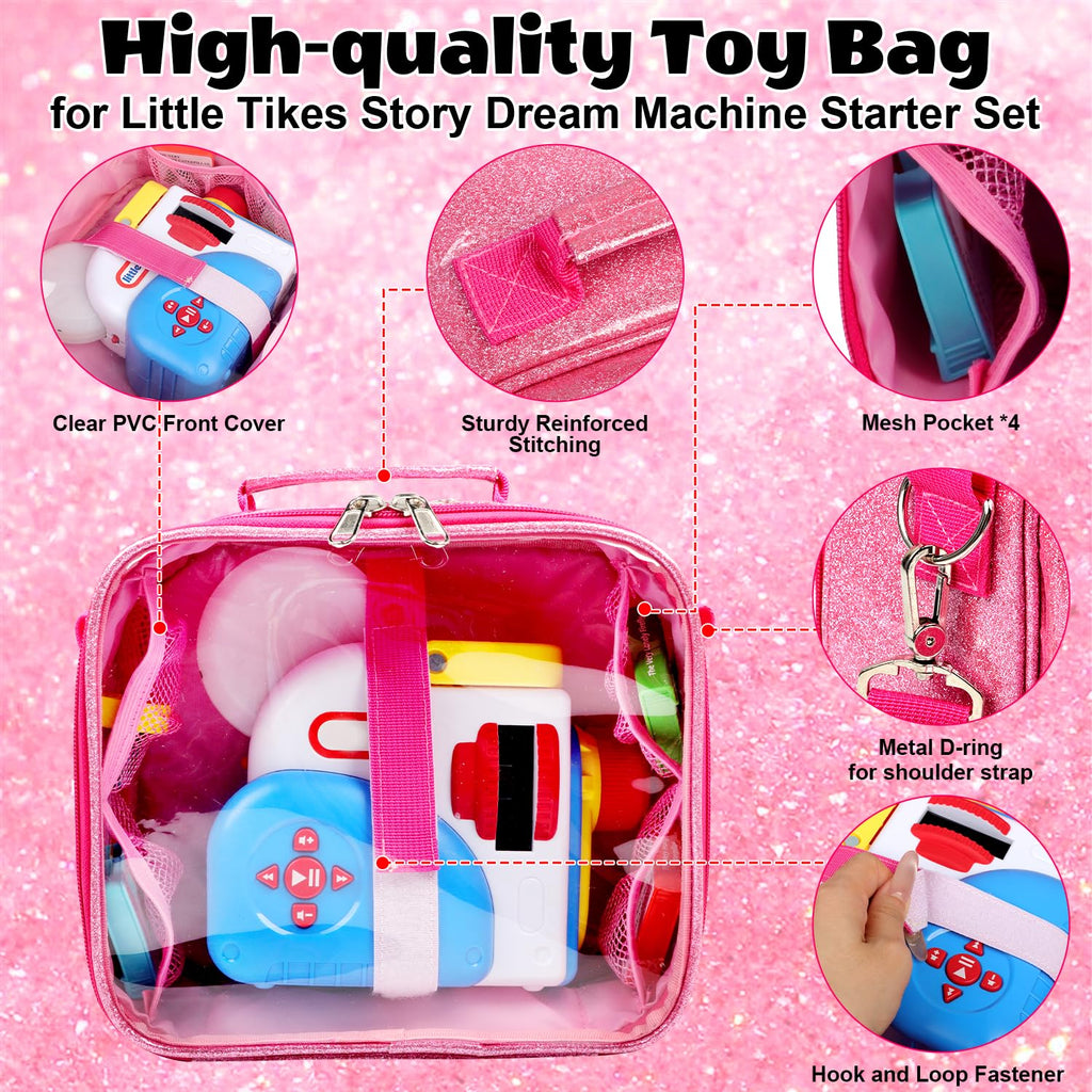 Covkev Carrying Case for Little Tikes Story Dream Machine – Pink Glitter Star Storage Bag, Waterproof PVC, 12 Elastic Straps, Portable (Case Only)