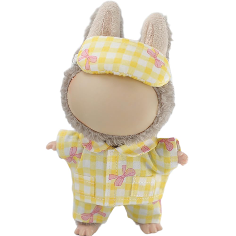 Cozy Plaid Pajama 3-Piece Set for 17cm Labubu Dolls - Soft Cotton, Yellow - by Roozxbscen