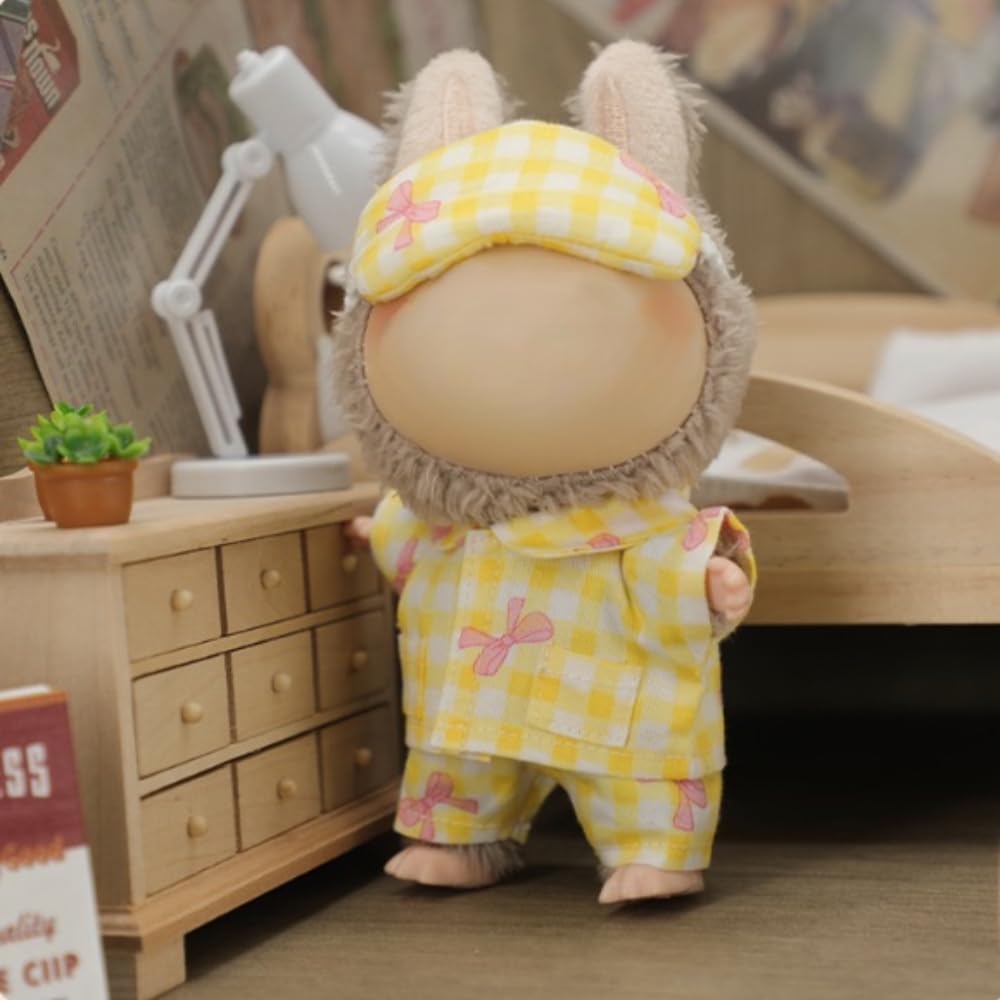 Cozy Plaid Pajama 3-Piece Set for 17cm Labubu Dolls - Soft Cotton, Yellow - by Roozxbscen