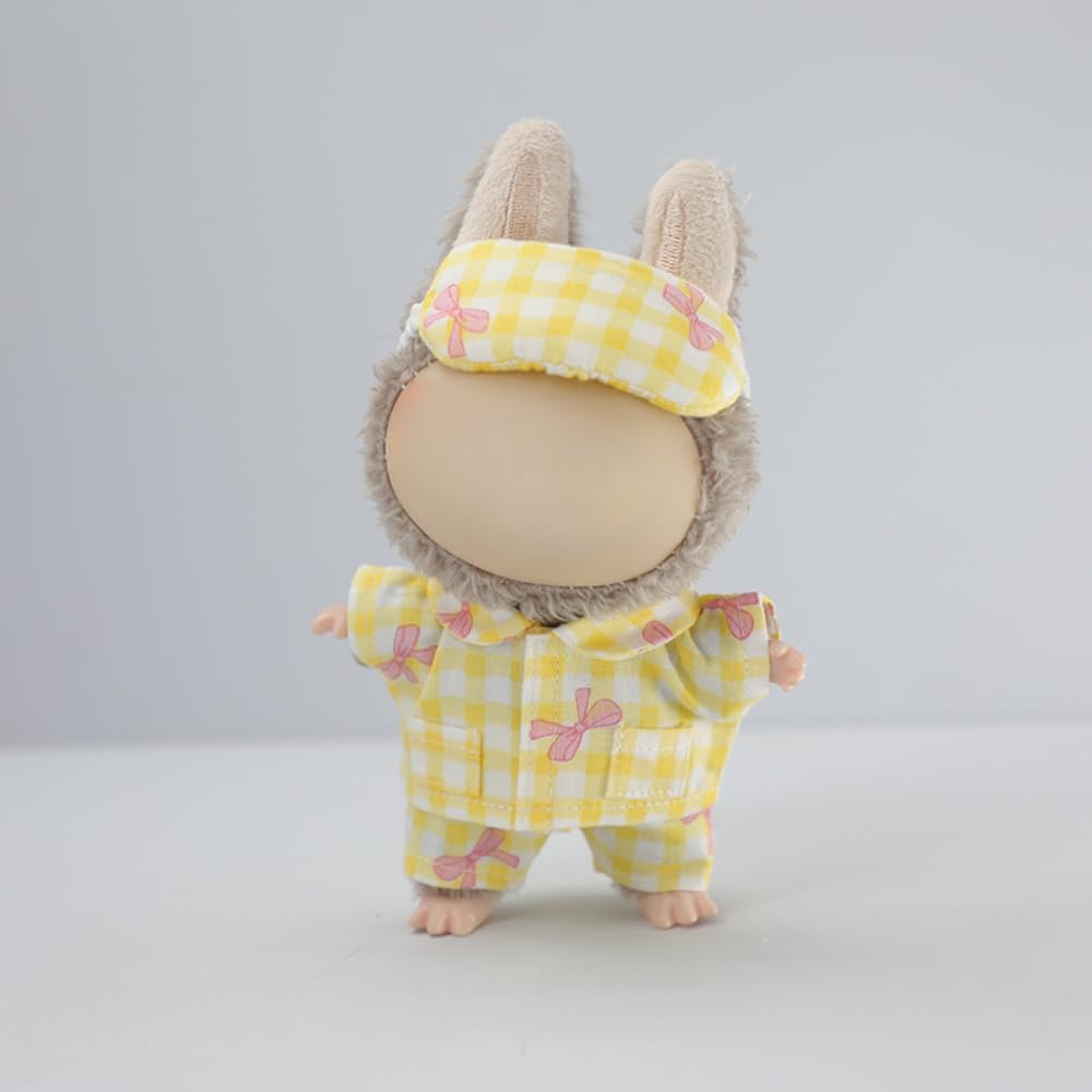 Cozy Plaid Pajama 3-Piece Set for 17cm Labubu Dolls - Soft Cotton, Yellow - by Roozxbscen