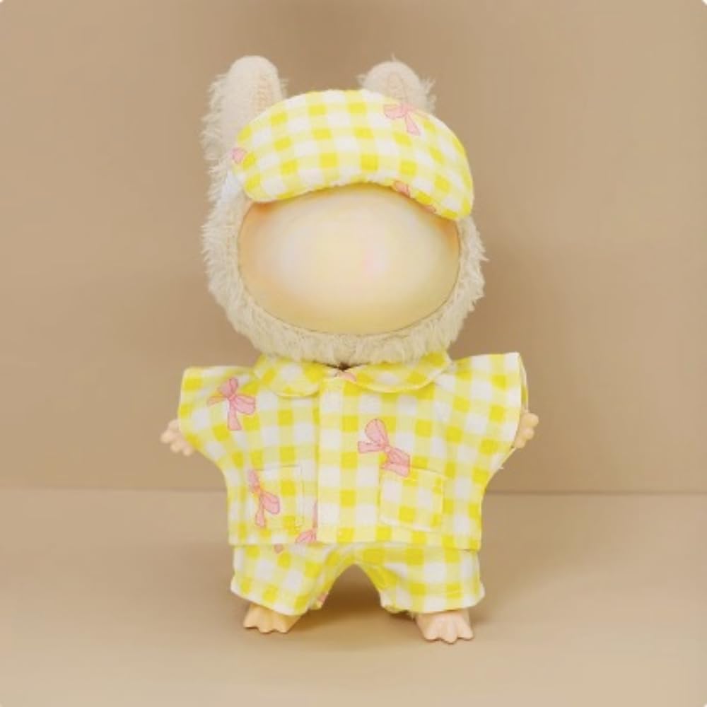 Cozy Plaid Pajama 3-Piece Set for 17cm Labubu Dolls - Soft Cotton, Yellow - by Roozxbscen