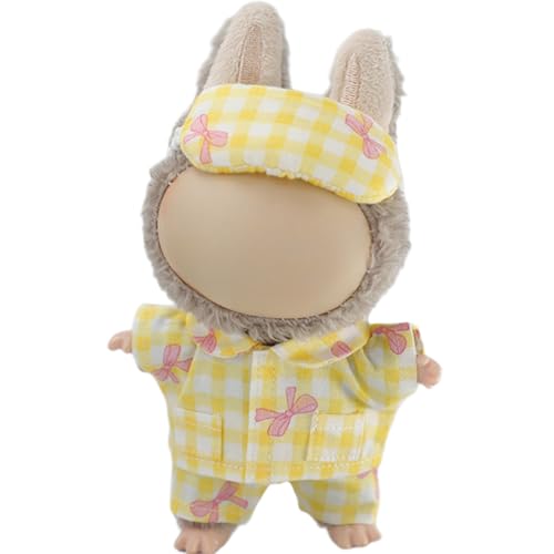 Cozy Plaid Pajama 3-Piece Set for 17cm Labubu Dolls - Soft Cotton, Yellow - by Roozxbscen