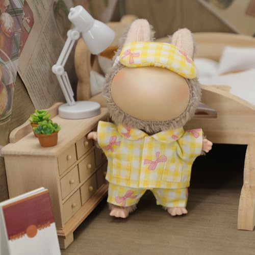 Cozy Plaid Pajama 3-Piece Set for 17cm Labubu Dolls - Soft Cotton, Yellow - by Roozxbscen