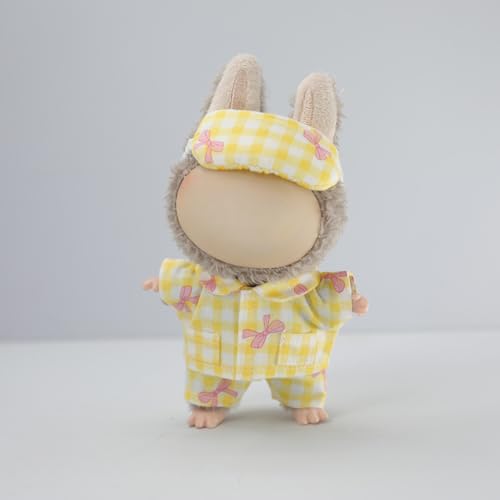 Cozy Plaid Pajama 3-Piece Set for 17cm Labubu Dolls - Soft Cotton, Yellow - by Roozxbscen