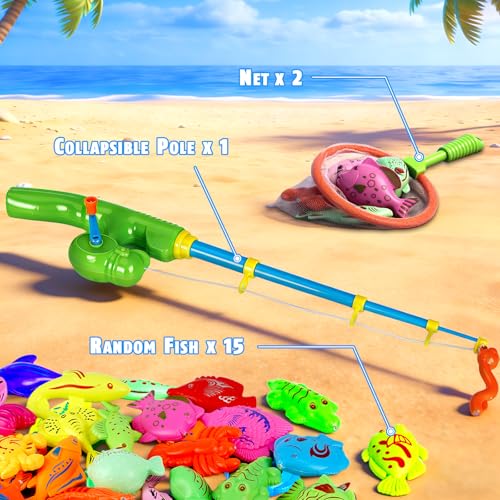 CozyBomB Magnetic Fishing Toys Game Set – 15 Ocean Animal Fish with Net and Pole for Water Table, Bathtub, Pool, Ages 3-6