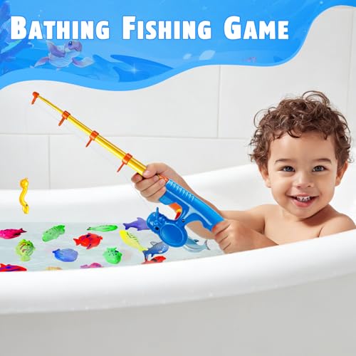 CozyBomB Magnetic Fishing Toys Game Set – 15 Ocean Animal Fish with Net and Pole for Water Table, Bathtub, Pool, Ages 3-6