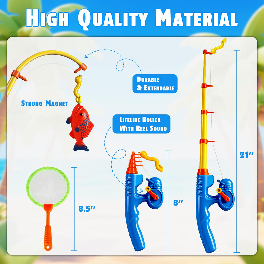 CozyBomB Magnetic Fishing Toys Game Set – 15 Ocean Animal Fish with Net and Pole for Water Table, Bathtub, Pool, Ages 3-6