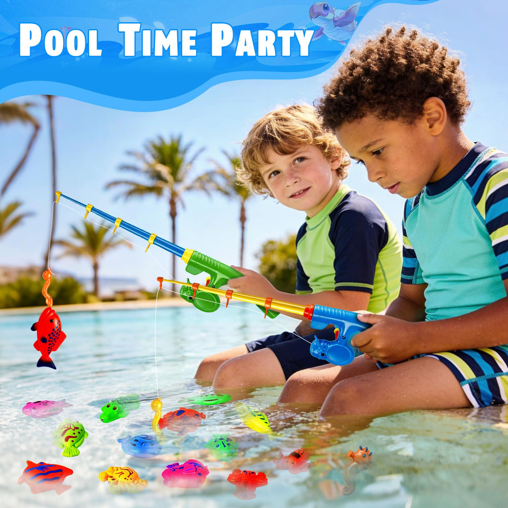 CozyBomB Magnetic Fishing Toys Game Set – 15 Ocean Animal Fish with Net and Pole for Water Table, Bathtub, Pool, Ages 3-6
