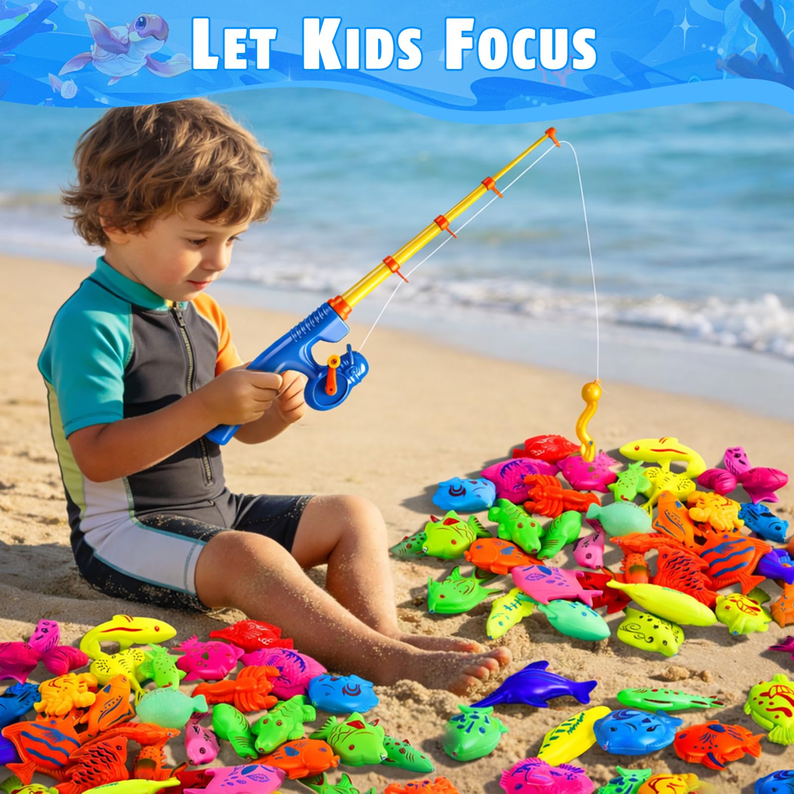 CozyBomB Magnetic Fishing Toys Game Set – 15 Ocean Animal Fish with Net and Pole for Water Table, Bathtub, Pool, Ages 3-6