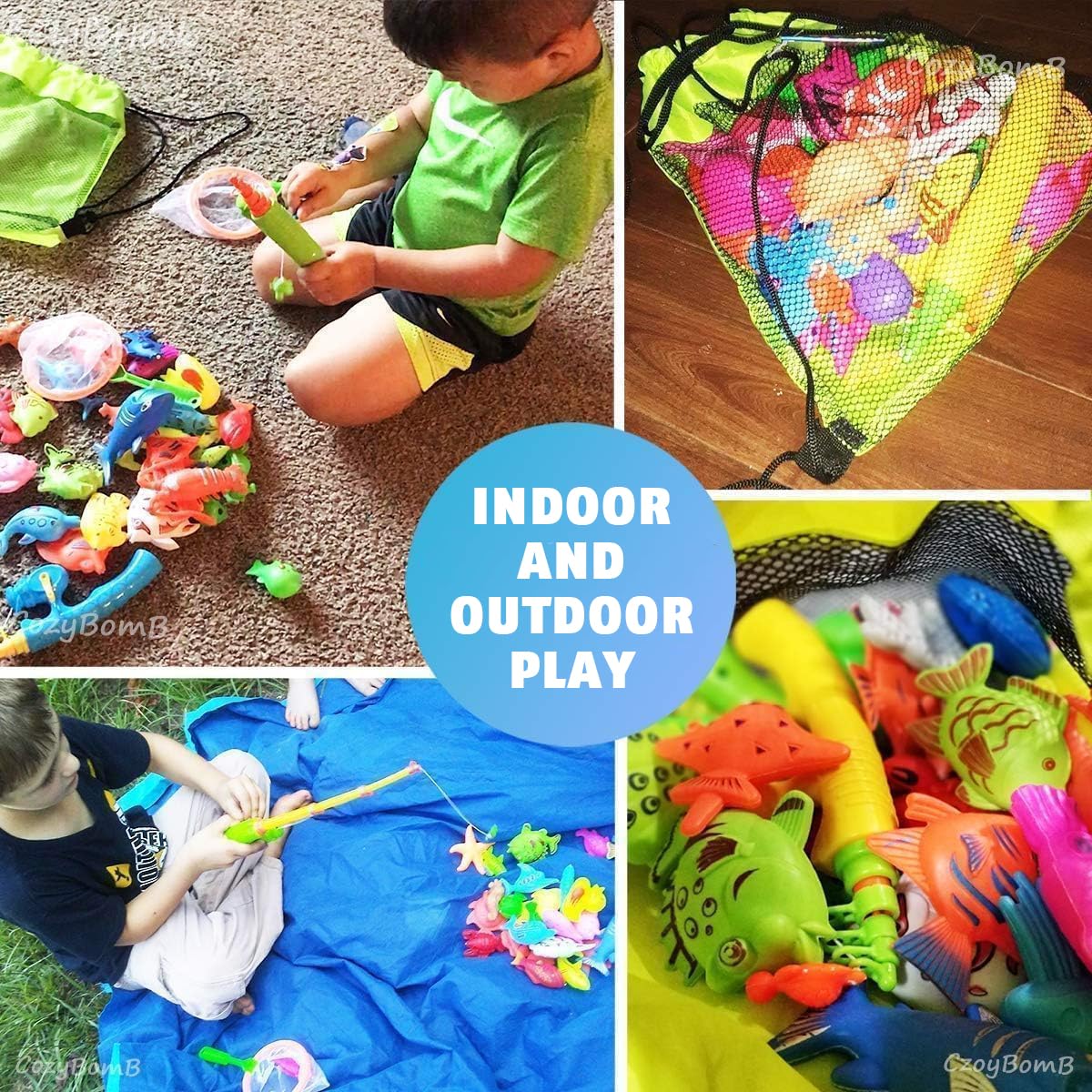 CozyBomB Magnetic Fishing Toys Game Set – 15 Ocean Animal Fish with Net and Pole for Water Table, Bathtub, Pool, Ages 3-6
