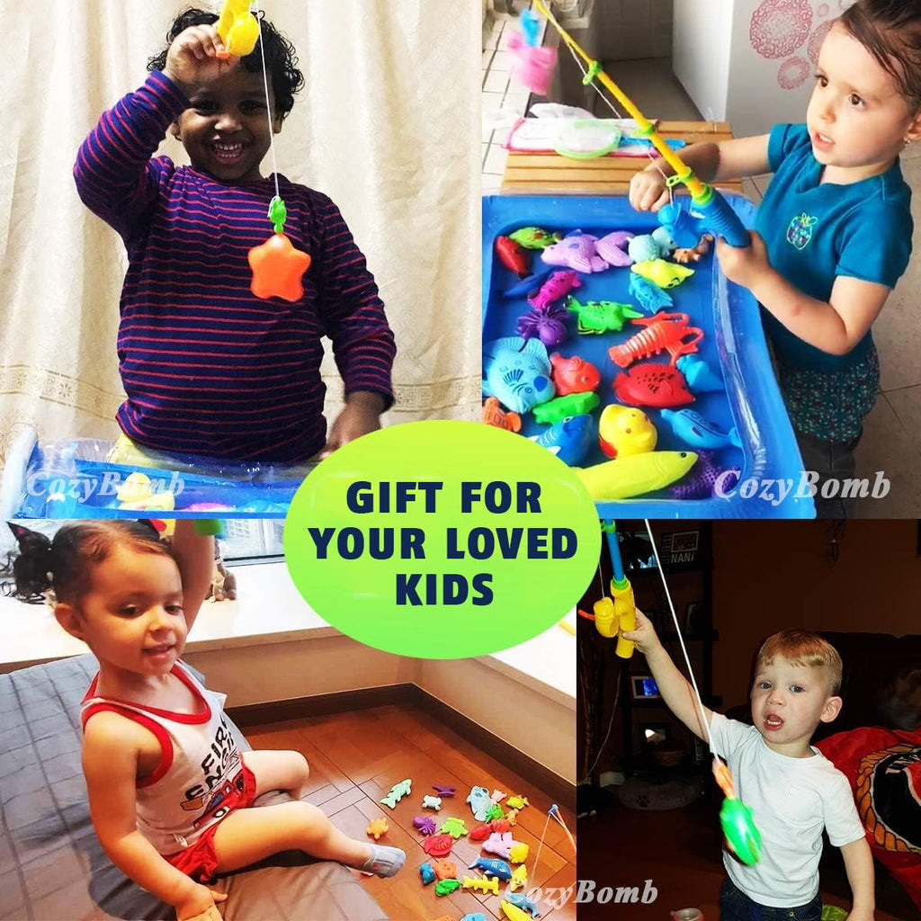 CozyBomB Magnetic Fishing Toys Game Set – 15 Ocean Animal Fish with Net and Pole for Water Table, Bathtub, Pool, Ages 3-6
