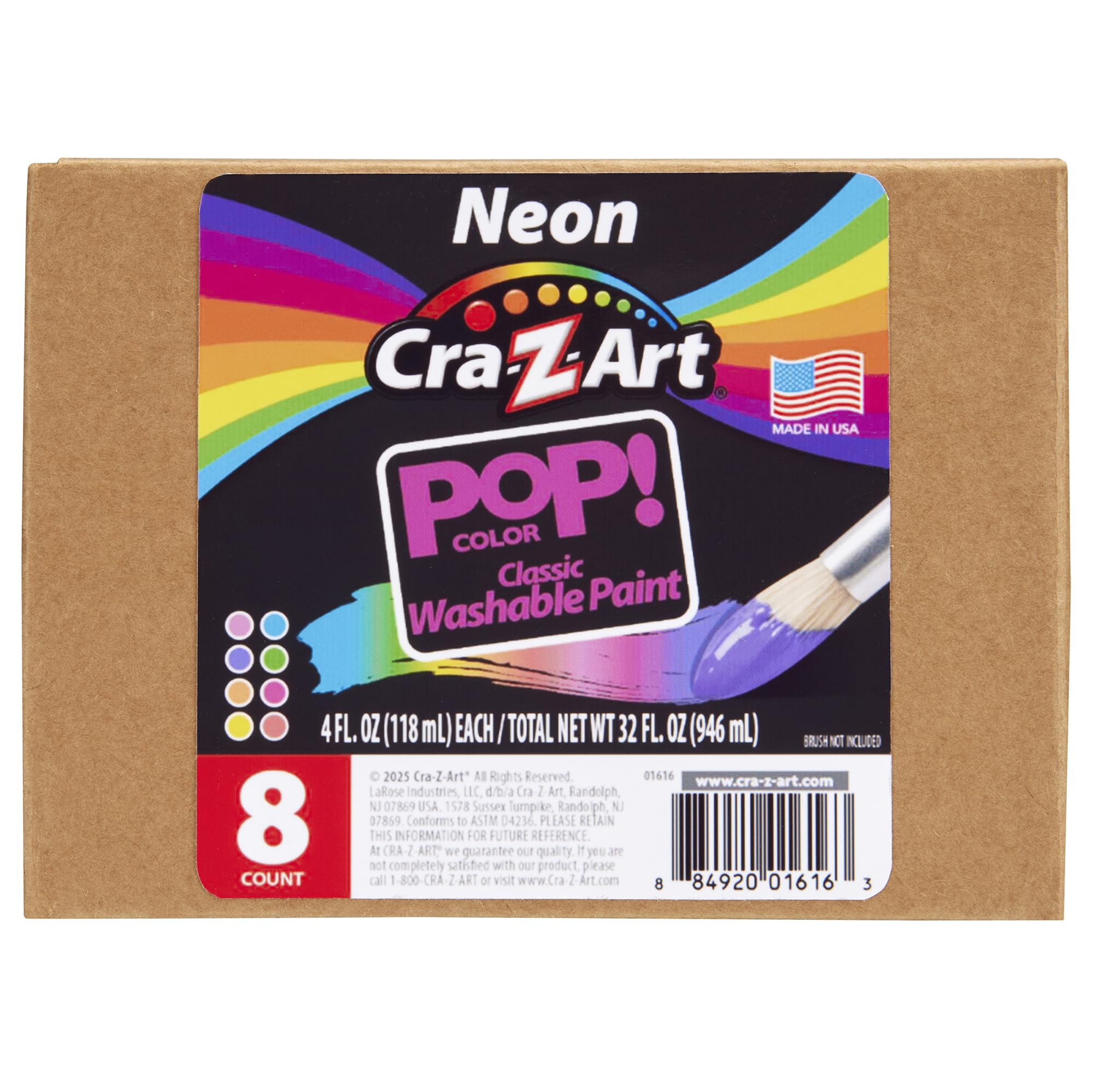 Cra-Z-Art Washable Neon Paint Set - 8 Bottles of 4oz Each, Fluorescent Colors, Non-Toxic, Made in USA