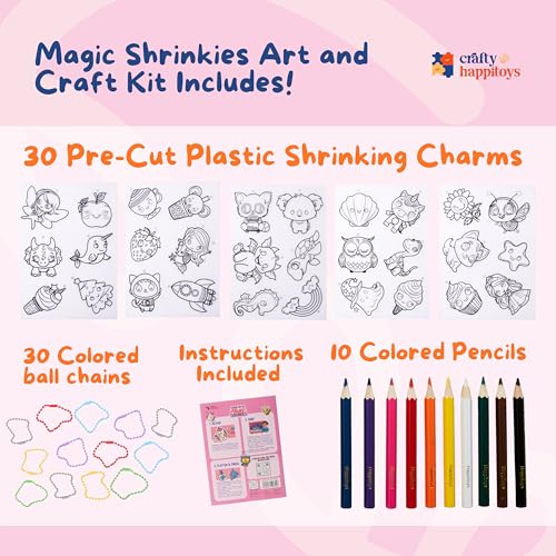 CRAFTY HAPPITOYS Shrink Art Sheets Kit – 30 Pre-Cut Charms with Keychains and Colored Pencils for Kids Ages 3+