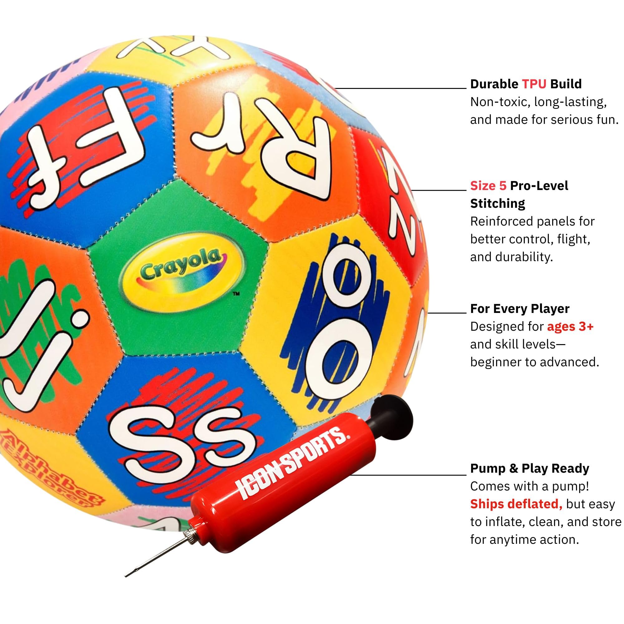 Crayola Alphabet Soccer Ball - Official Size 5 for Youth - TPU Durable Design with Letters A-Z