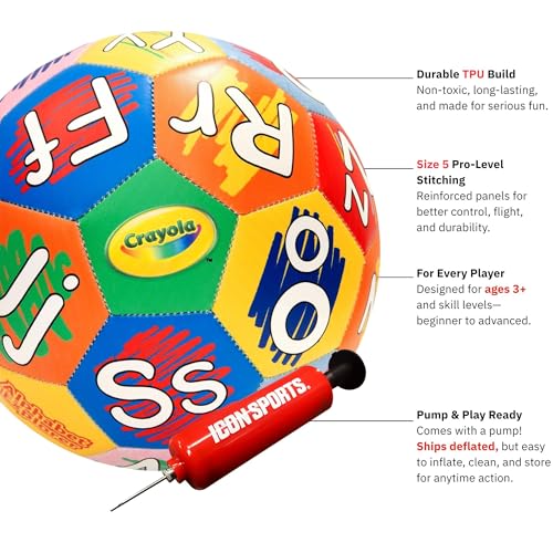 Crayola Alphabet Soccer Ball - Official Size 5 for Youth - TPU Durable Design with Letters A-Z