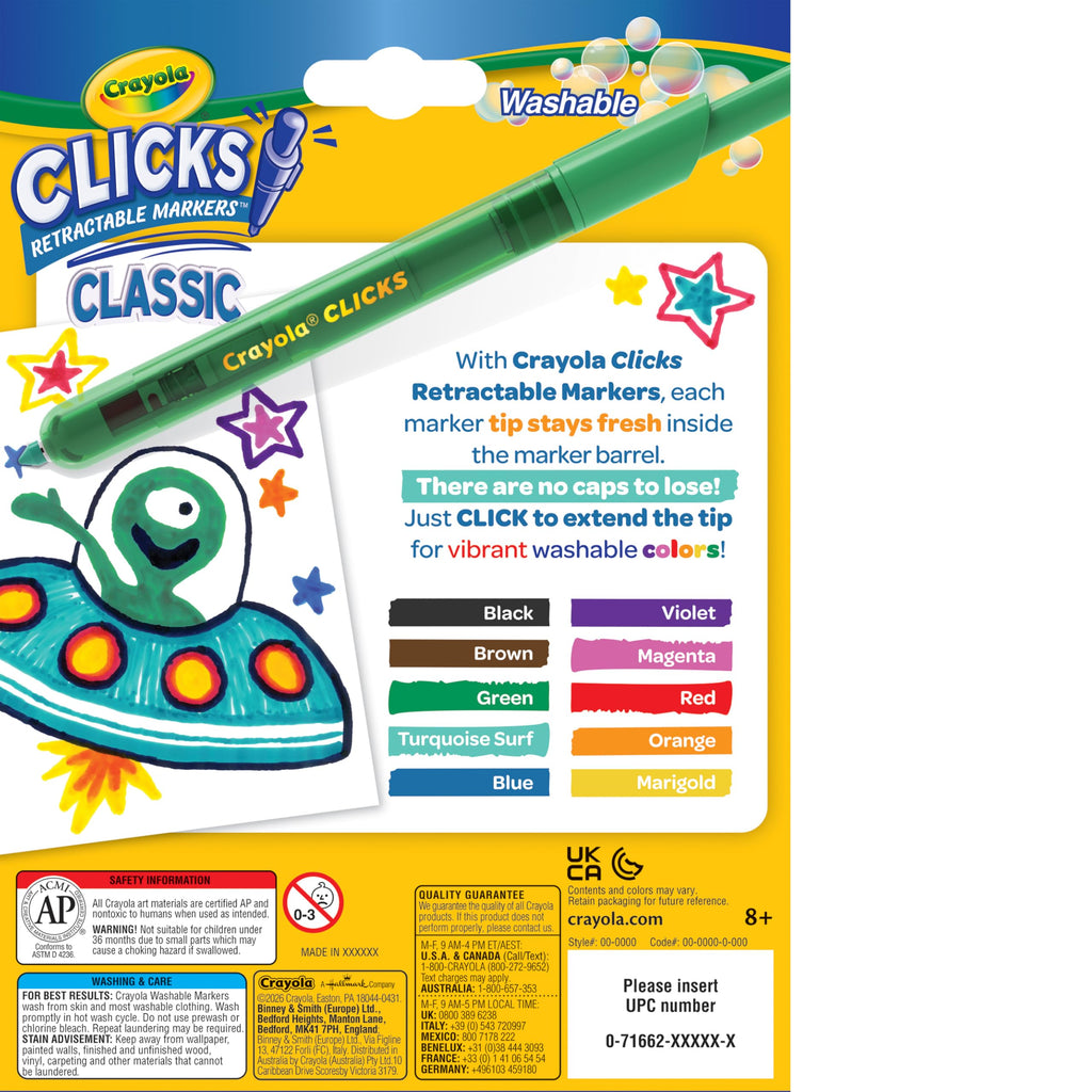 Crayola Clicks Retractable Tip Markers (10ct) – Washable Cone Tip Markers for Kids