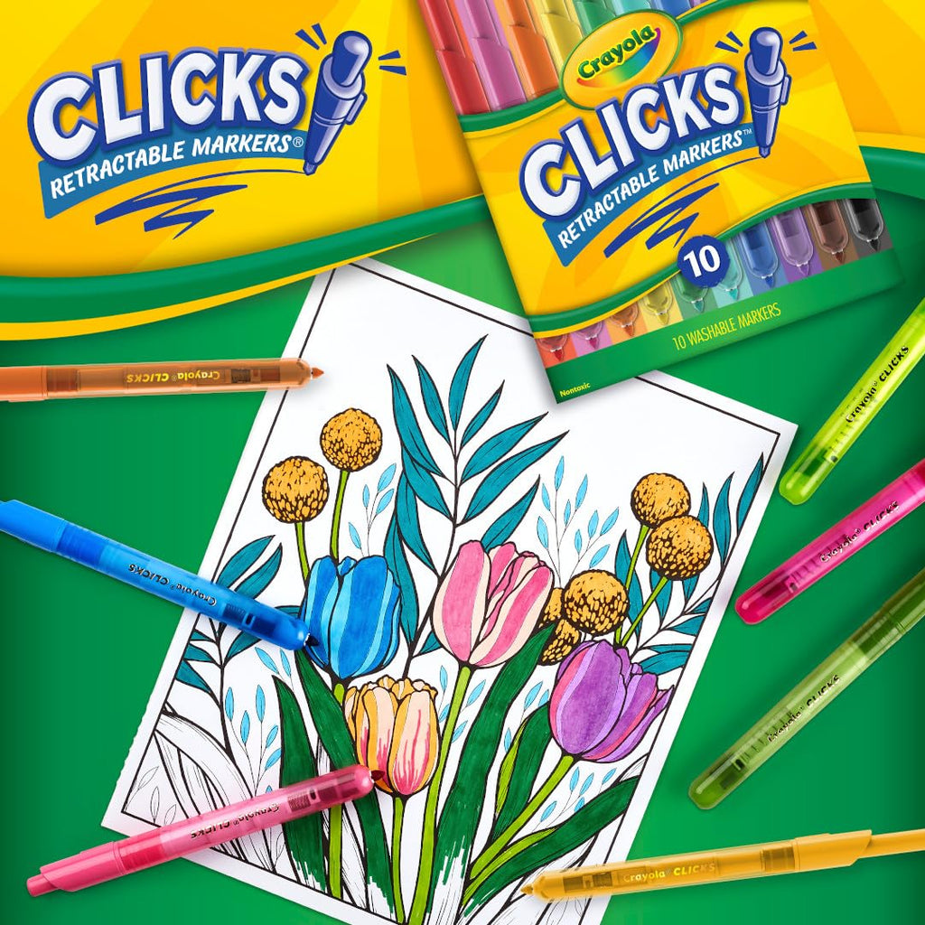Crayola Clicks Retractable Tip Markers (10ct) – Washable Cone Tip Markers for Kids