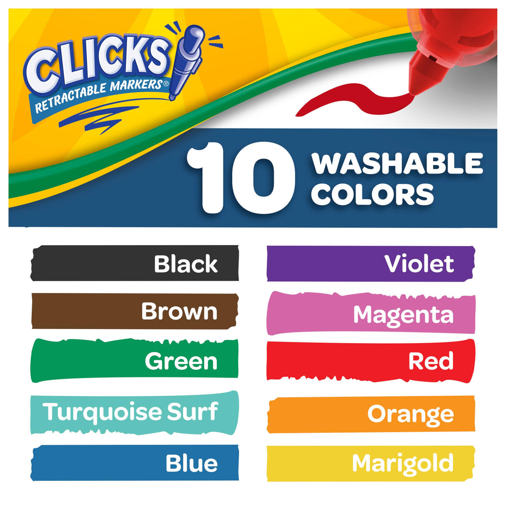 Crayola Clicks Retractable Tip Markers (10ct) – Washable Cone Tip Markers for Kids