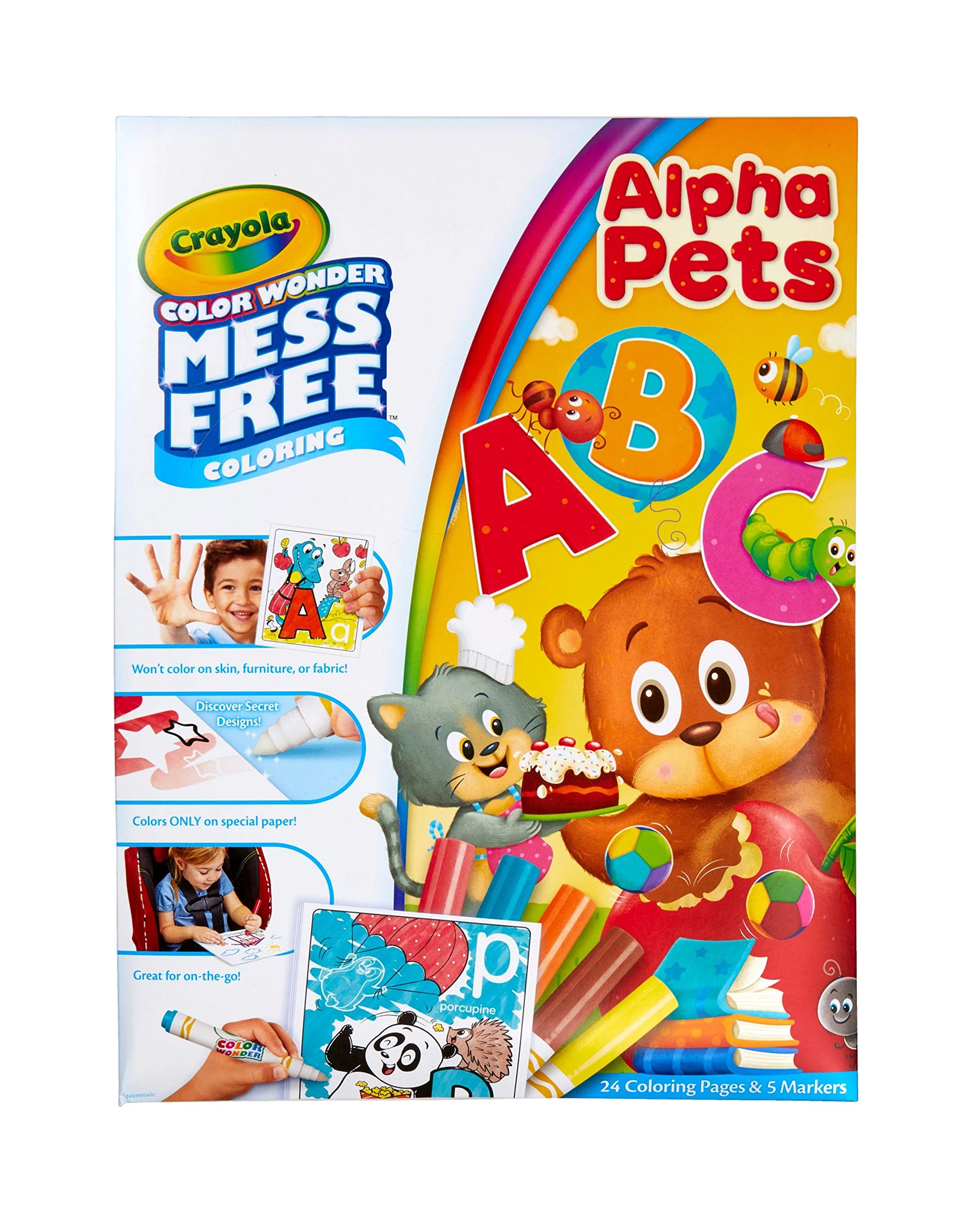 Crayola Color Wonder Alpha Pets Mess Free Coloring Set - 24 Alphabet Pages & 5 Markers for Toddlers Ages 3+