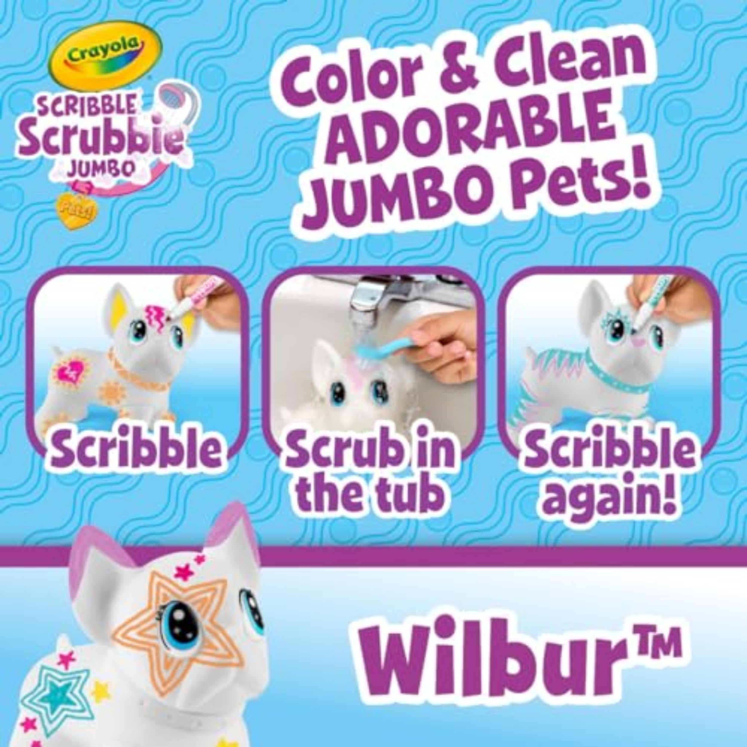 Crayola Scribble Scrubbie Jumbo Pet Wilbur – 6-Inch Poseable French Bulldog with 5 Washable Markers