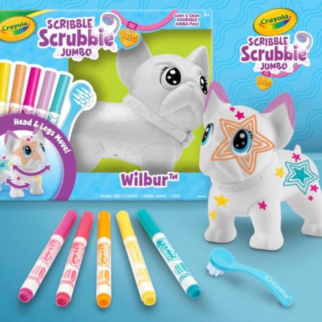 Crayola Scribble Scrubbie Jumbo Pet Wilbur – 6-Inch Poseable French Bulldog with 5 Washable Markers