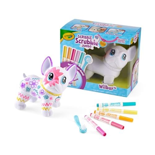 Crayola Scribble Scrubbie Jumbo Pet Wilbur – 6-Inch Poseable French Bulldog with 5 Washable Markers