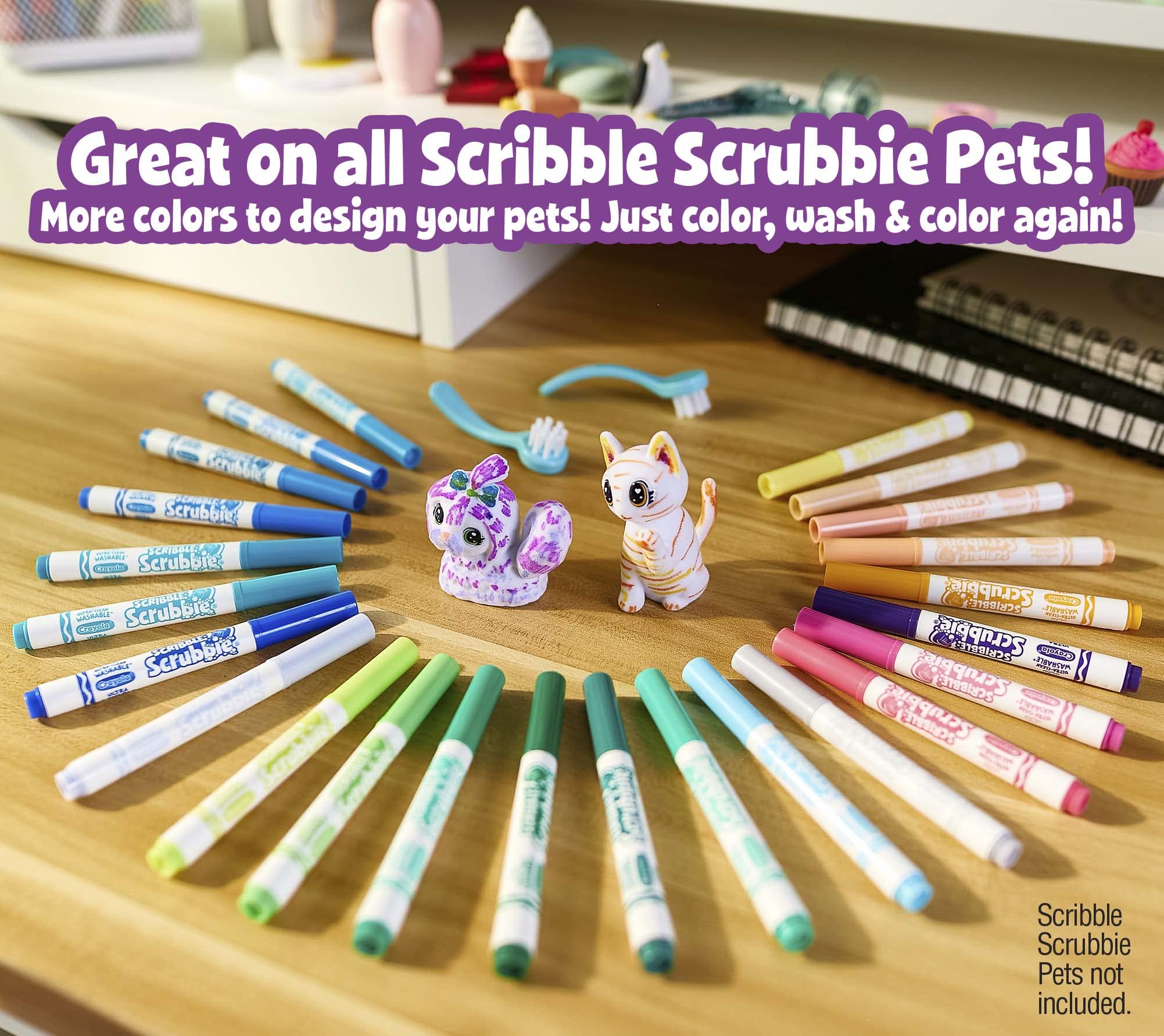 Crayola Scribble Scrubbie Pets Marker Refill & Expansion Set: 24 Washable Markers + 2 Scrub Brushes (Amazon Exclusive)
