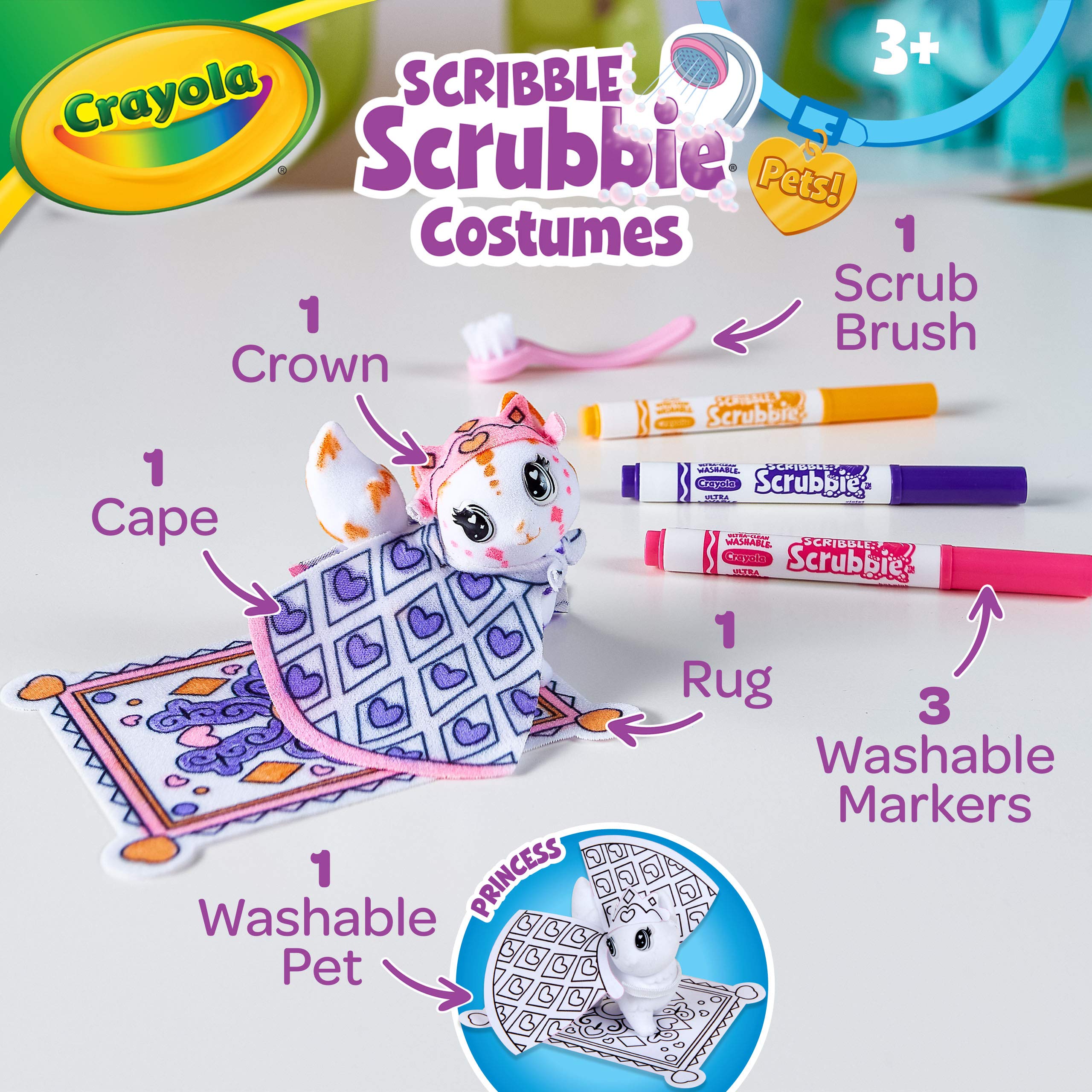 Crayola Scribble Scrubbie Pets Princess Playset: Missy the Cat with Tiara, Cape & Washable Markers