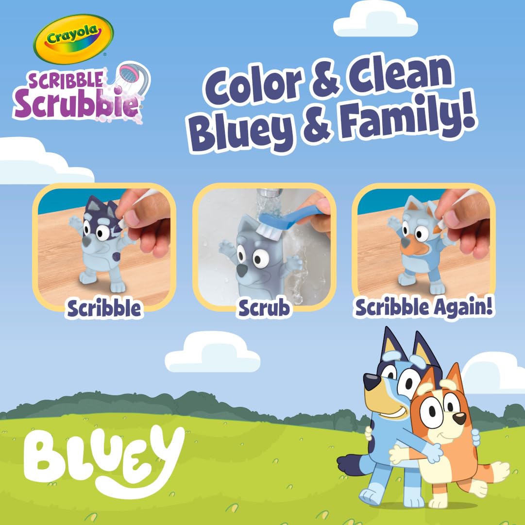 Crayola Scribble Scrubbies Deluxe Bluey Playset – Color, Wash, and Reuse with 3 Characters