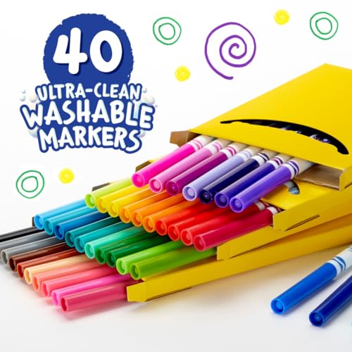 Crayola Ultra Clean Fine Line Washable Markers (40 Count) - Multicolor, Non-Toxic, Ages 3+
