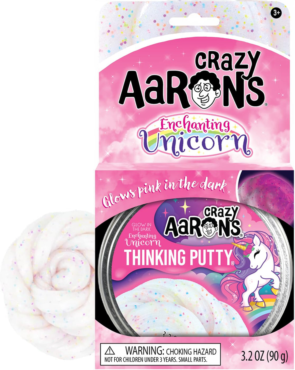 Crazy Aaron's Glow in the Dark Unicorn Thinking Putty - Pink Glow, Rainbow Glitter, Non-Toxic, 90g